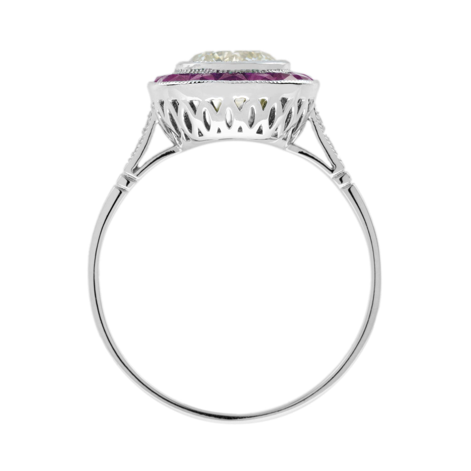 Certified Round Diamond &amp; Red Pink Ruby Halo Set Art Deco Style Platinum Ring