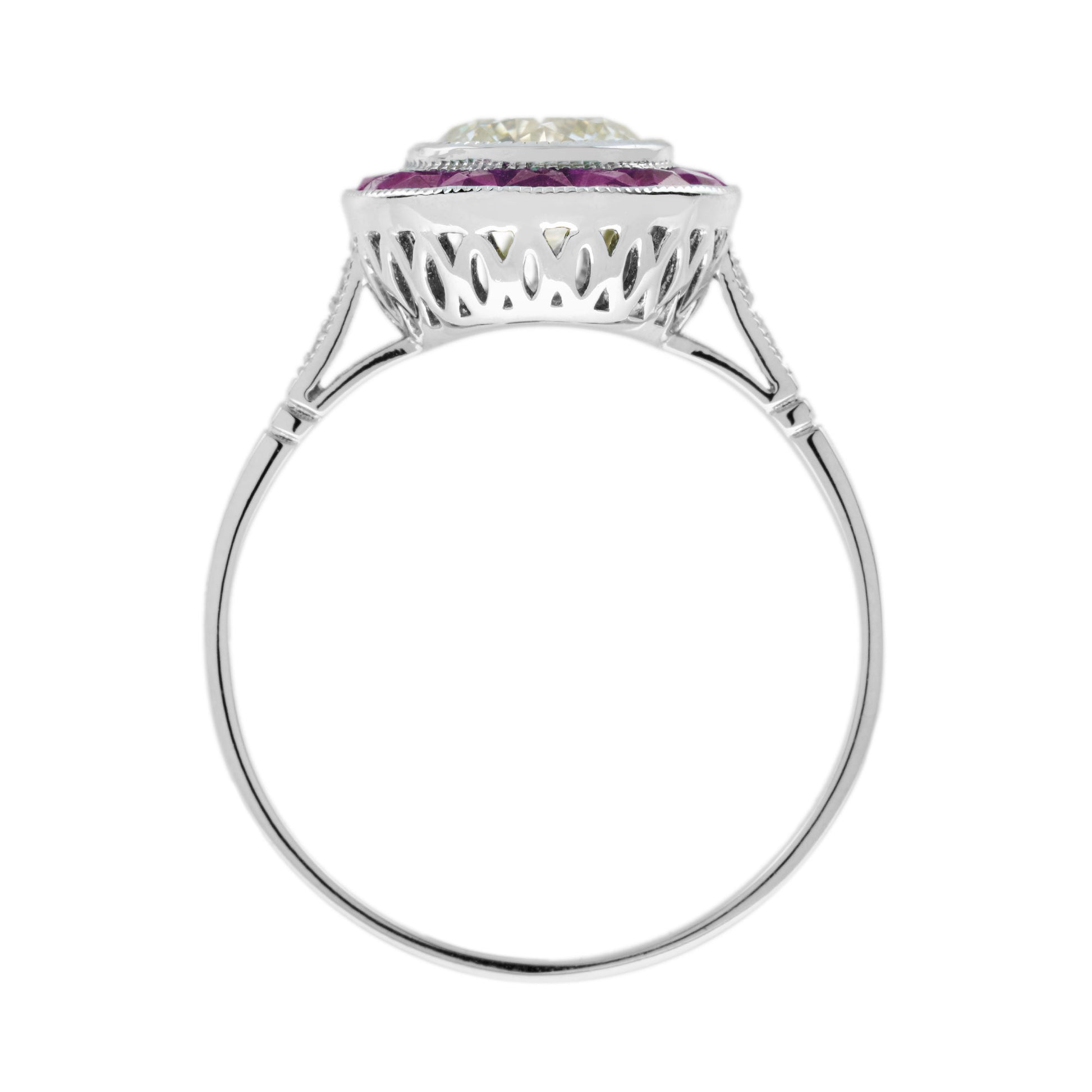 Certified Round Diamond & Red Pink Ruby Halo Set Art Deco Style Platinum Ring