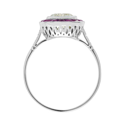 Certified Round Diamond & Red Pink Ruby Halo Set Art Deco Style Platinum Ring