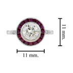 Certified Round Diamond & Red Pink Ruby Halo Set Art Deco Style Platinum Ring