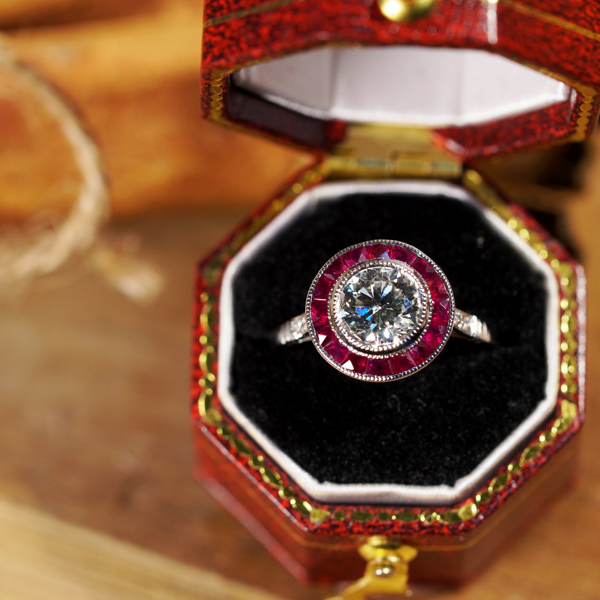 Certified Round Diamond & Red Pink Ruby Halo Set Art Deco Style Platinum Ring