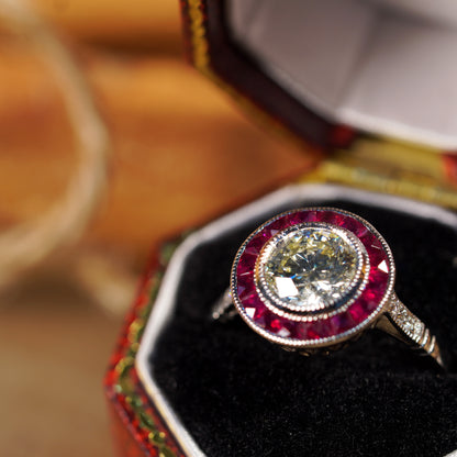 Certified Round Diamond & Red Pink Ruby Halo Set Art Deco Style Platinum Ring
