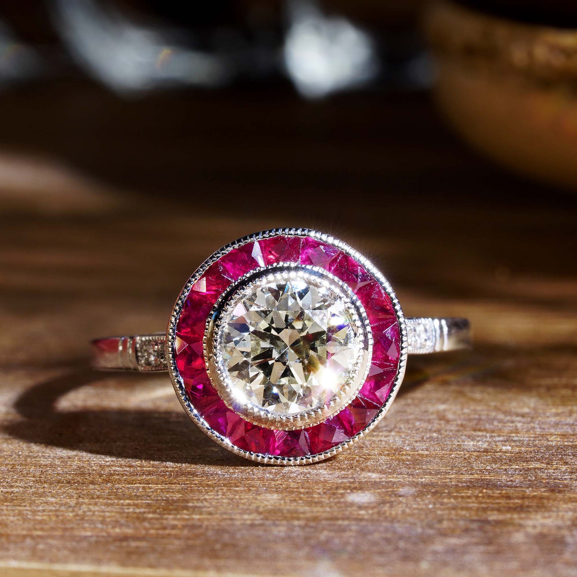 Certified Round Diamond & Red Pink Ruby Halo Set Art Deco Style Platinum Ring