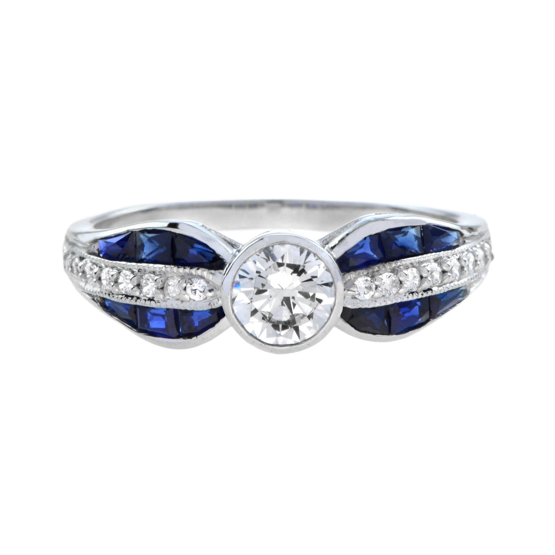 Diamond &amp; Blue Sapphire Art Deco Style 18K White Gold Vintage Style Ring