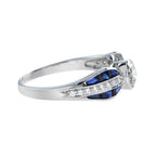 Diamond & Blue Sapphire Art Deco Style 18K White Gold Vintage Style Ring