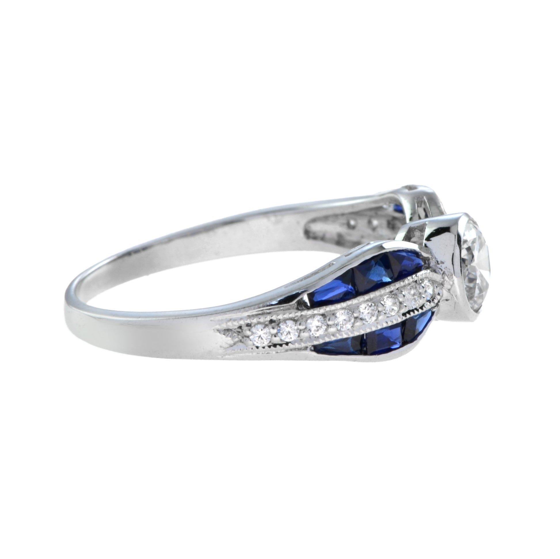 Diamond & Blue Sapphire Art Deco Style 18K White Gold Vintage Style Ring