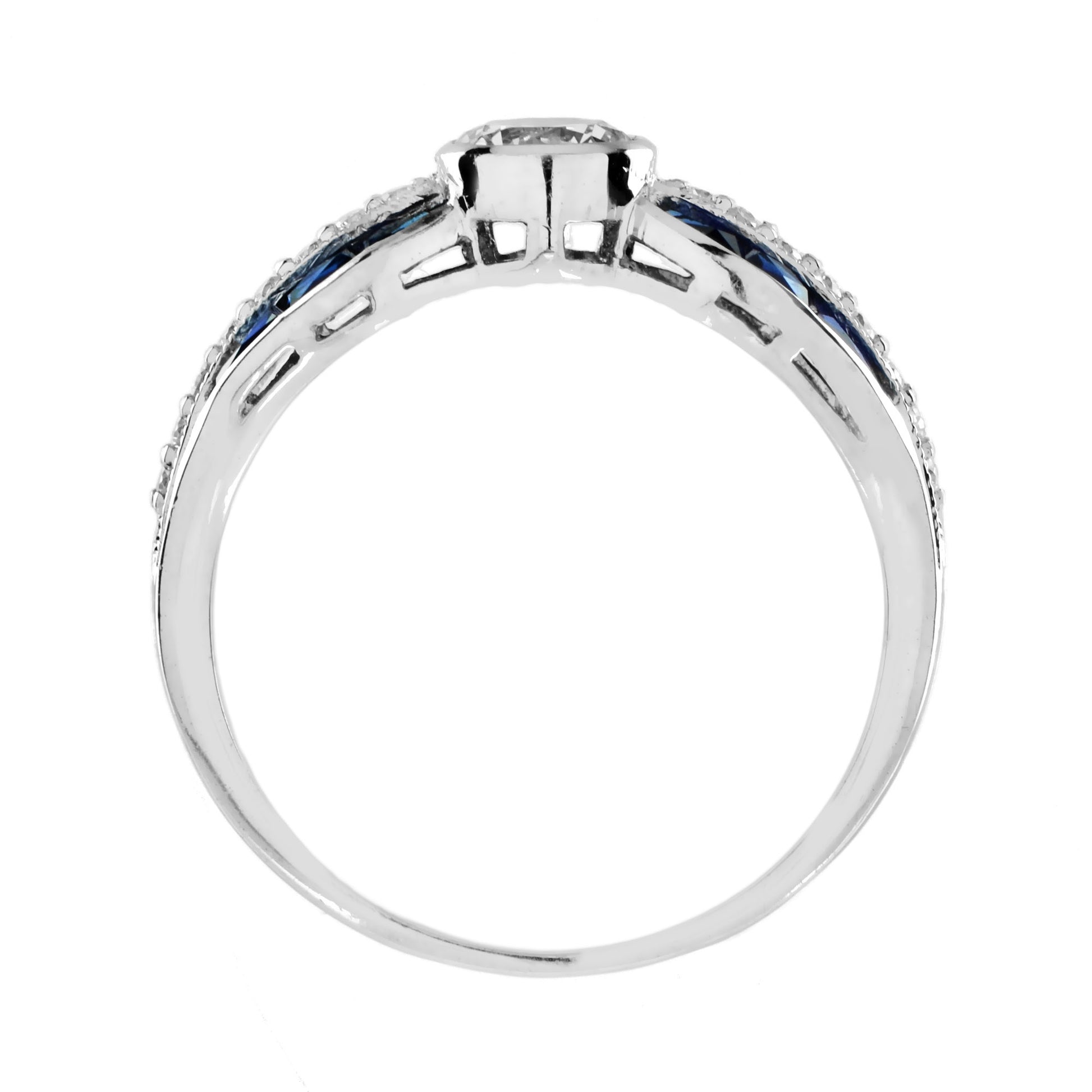 Diamond & Blue Sapphire Art Deco Style 18K White Gold Vintage Style Ring