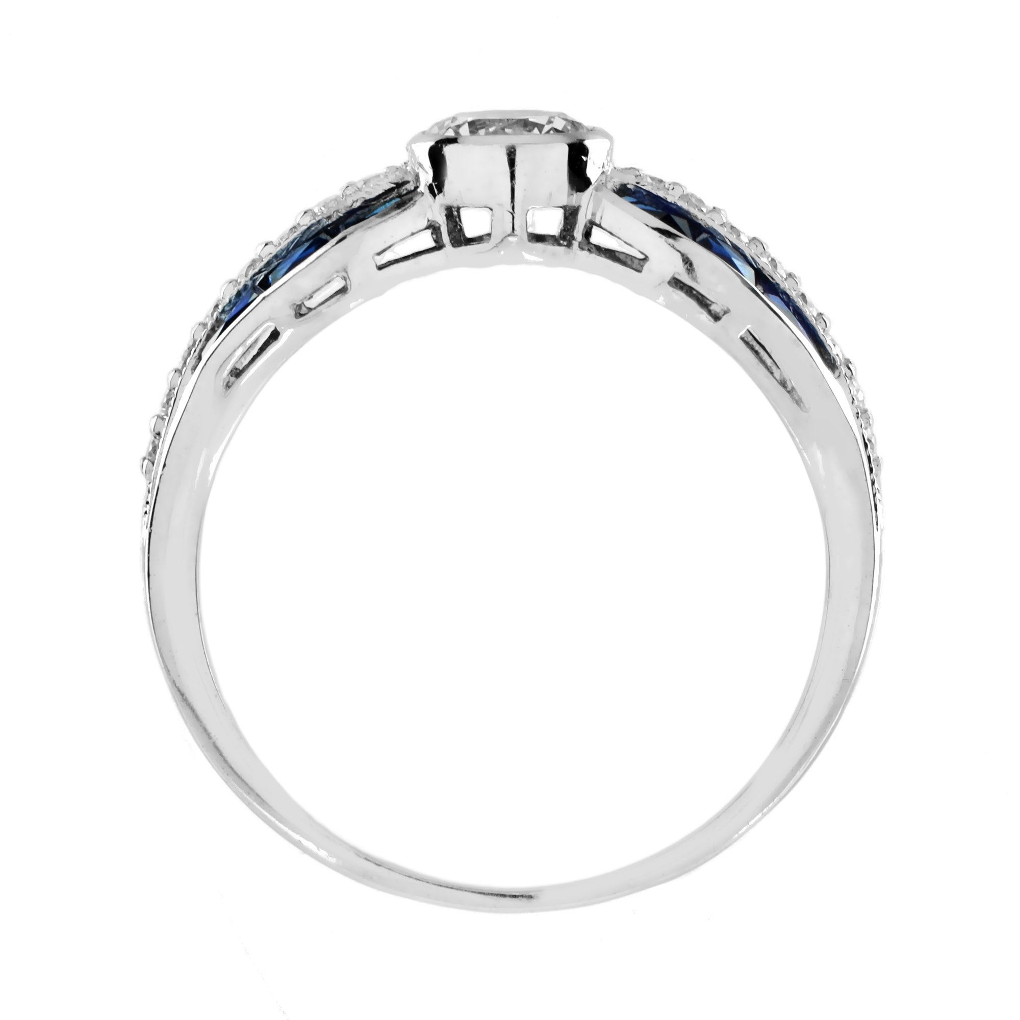 Diamond &amp; Blue Sapphire Art Deco Style 18K White Gold Vintage Style Ring