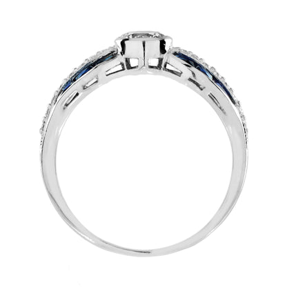 Diamond & Blue Sapphire Art Deco Style 18K White Gold Vintage Style Ring