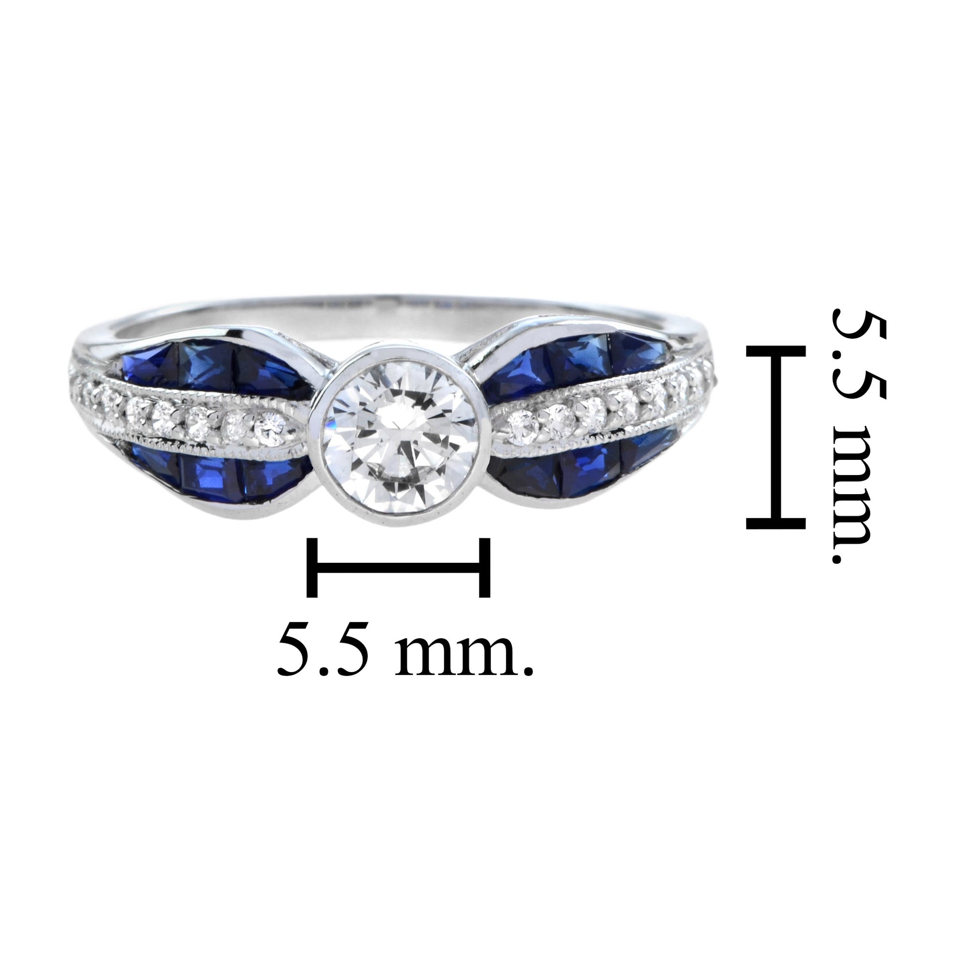 Diamond & Blue Sapphire Art Deco Style 18K White Gold Vintage Style Ring