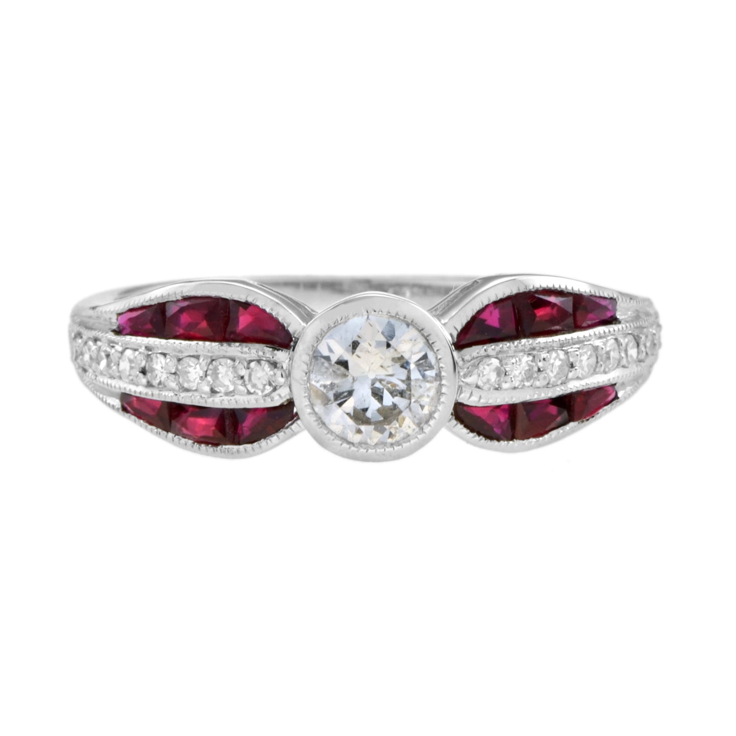 diamond & red ruby art deco inspired style solitaire engagement white gold ring