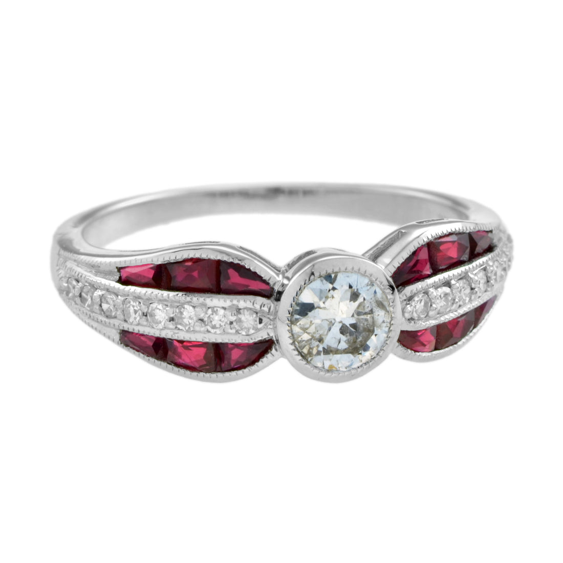 Diamond & Red Ruby Art Deco Inspired Style Solitaire Engagement White Gold Ring