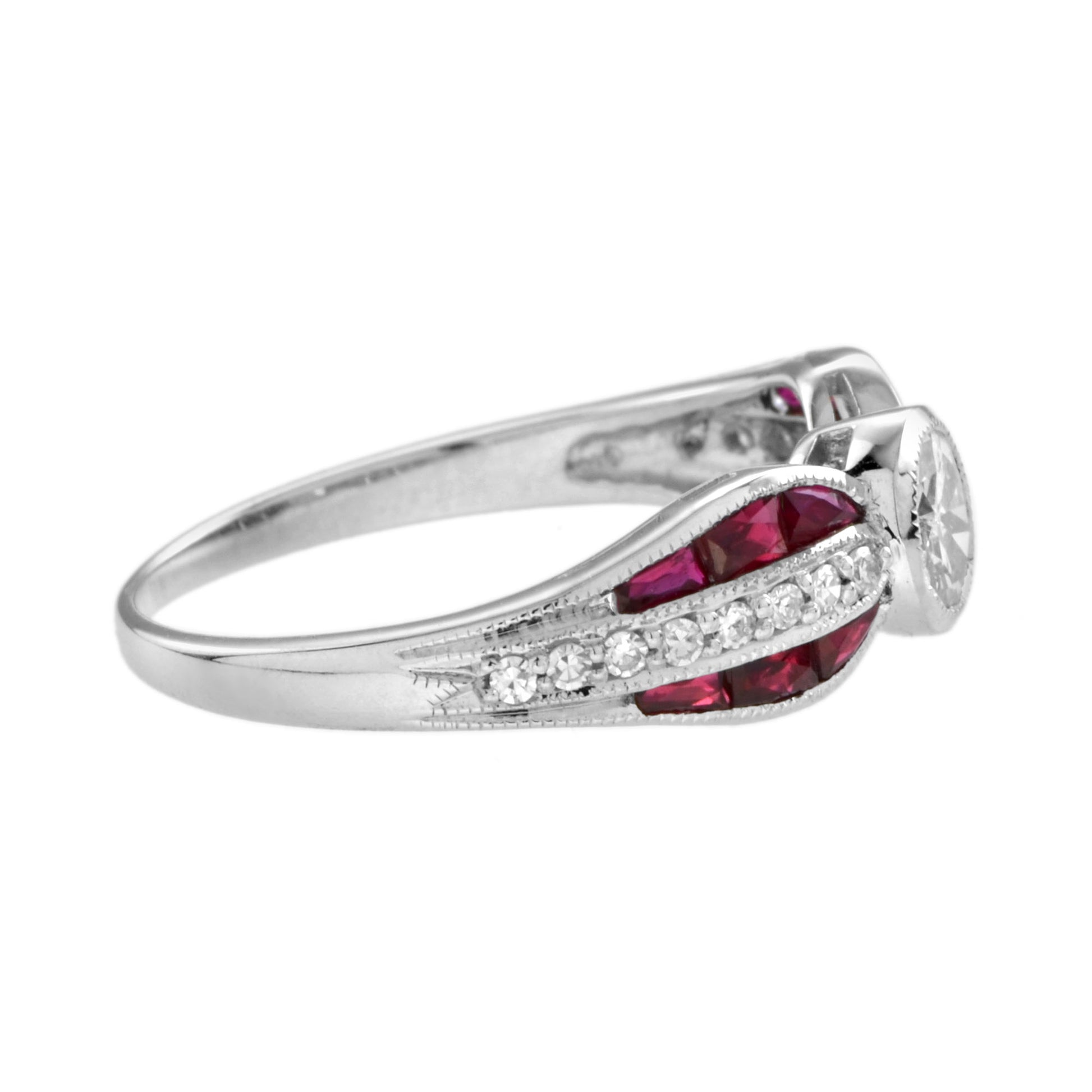 Diamond & Red Ruby Art Deco Inspired Style Solitaire Engagement White Gold Ring