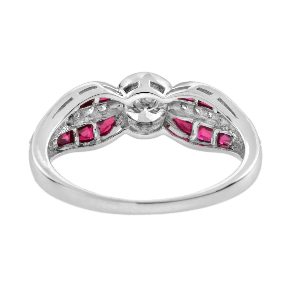 Diamond & Red Ruby Art Deco Inspired Style Solitaire Engagement White Gold Ring