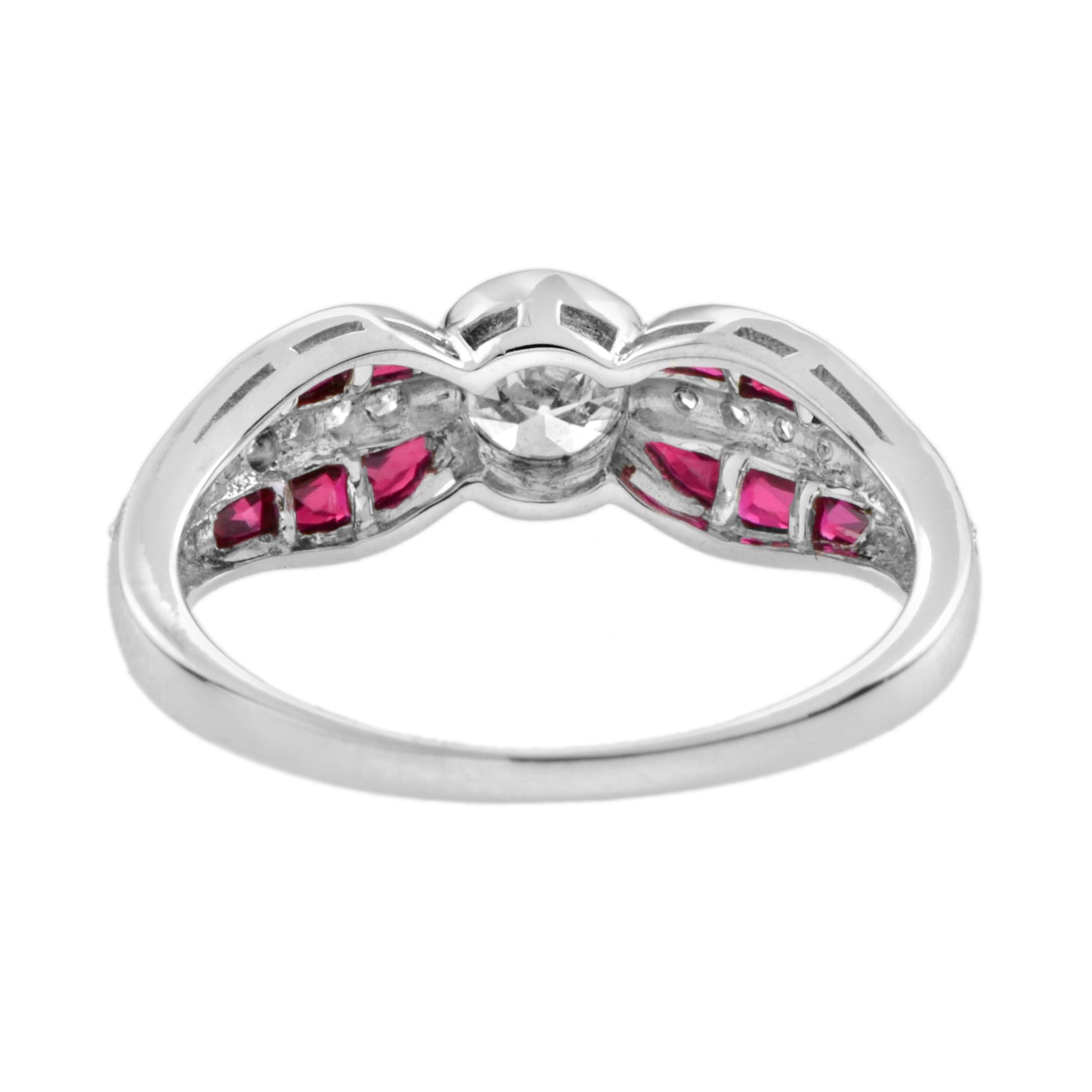 Diamond & Red Ruby Art Deco Inspired Style Solitaire Engagement White Gold Ring