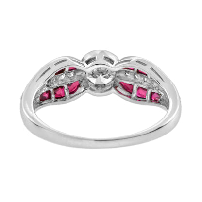 Diamond & Red Ruby Art Deco Inspired Style Solitaire Engagement White Gold Ring