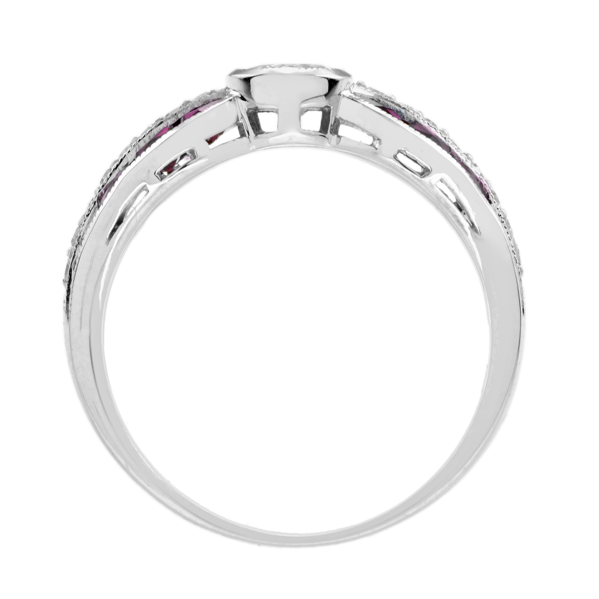 Diamond & Red Ruby Art Deco Inspired Style Solitaire Engagement White Gold Ring