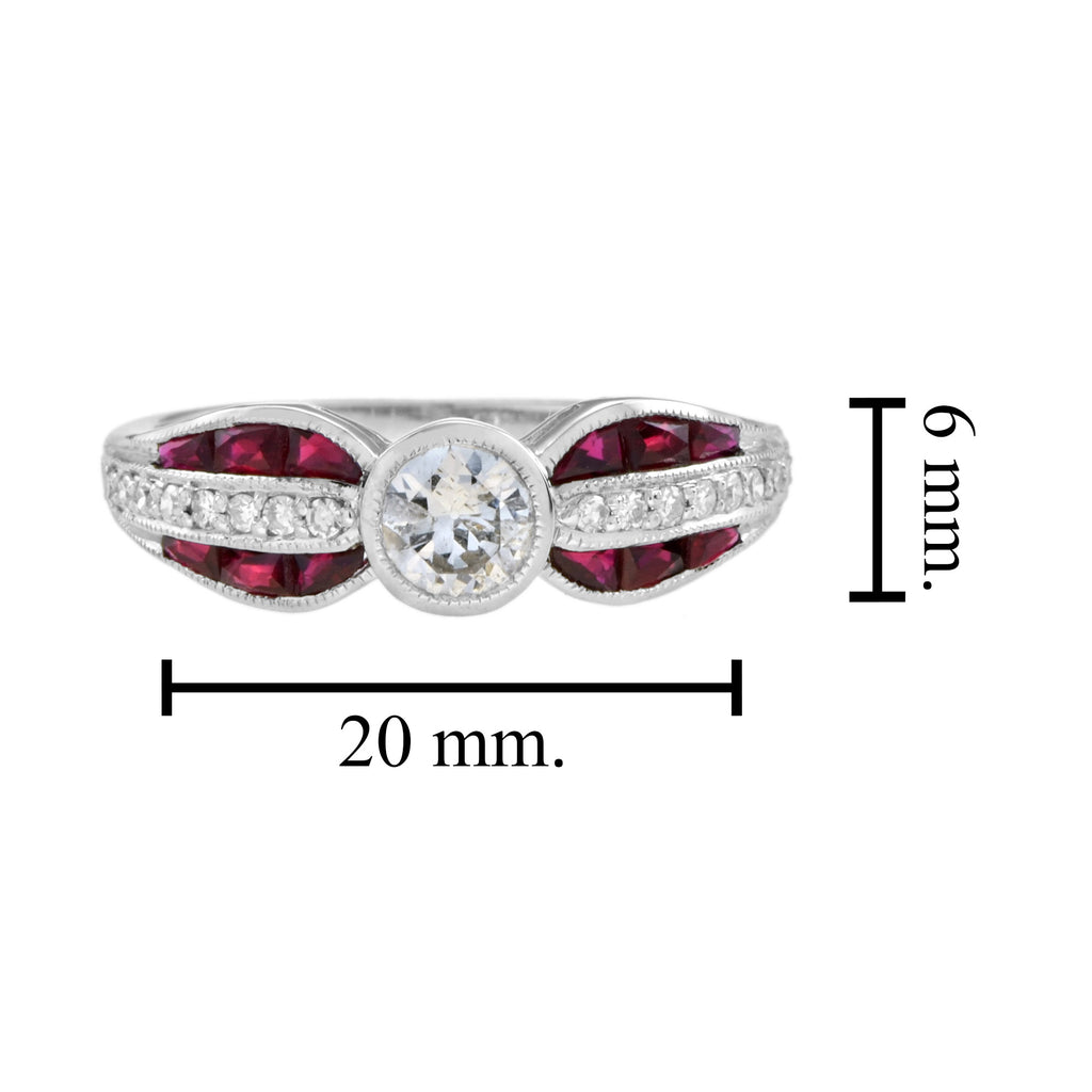 Diamond & Red Ruby Art Deco Inspired Style Solitaire Engagement White Gold Ring