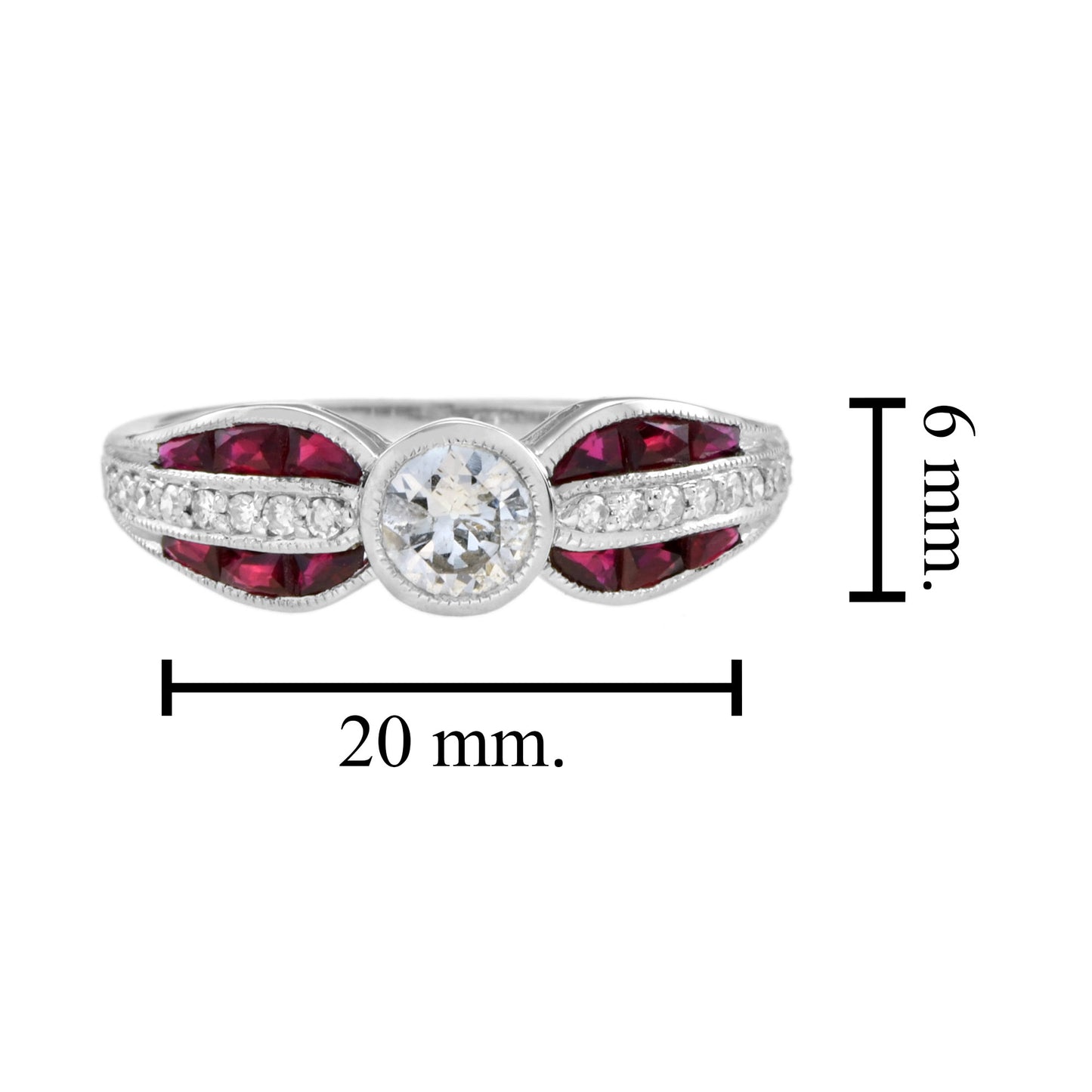 diamond & red ruby art deco inspired style solitaire engagement white gold ring