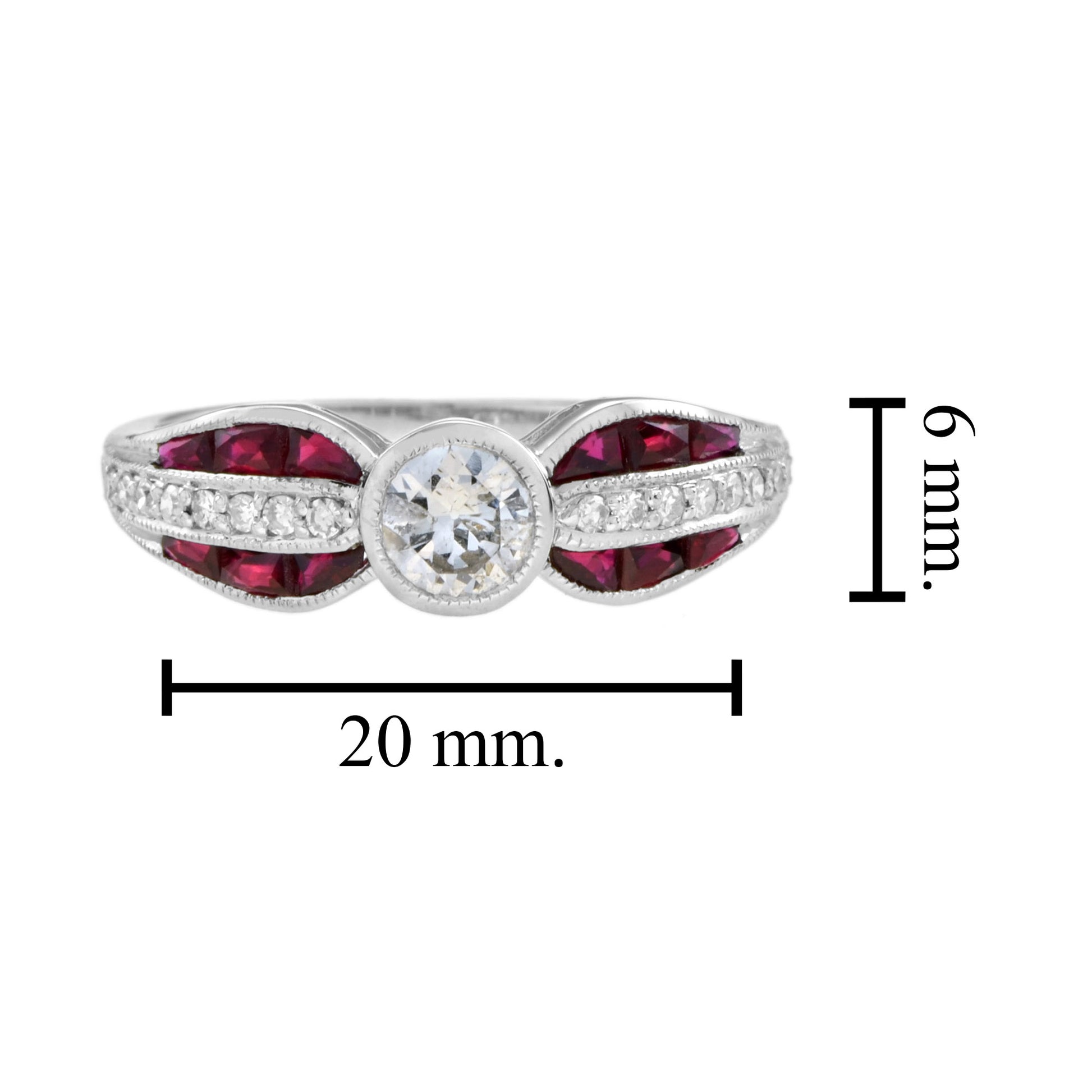Diamond & Red Ruby Art Deco Inspired Style Solitaire Engagement White Gold Ring