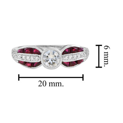 Diamond & Red Ruby Art Deco Inspired Style Solitaire Engagement White Gold Ring