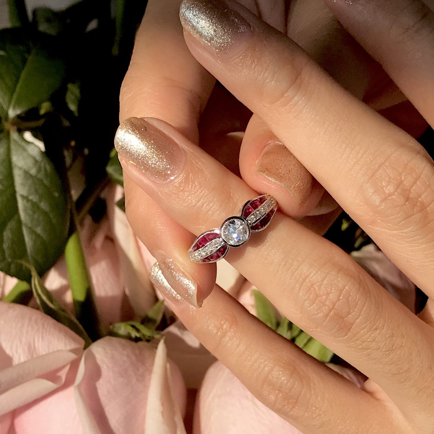 diamond & red ruby art deco inspired style solitaire engagement white gold ring