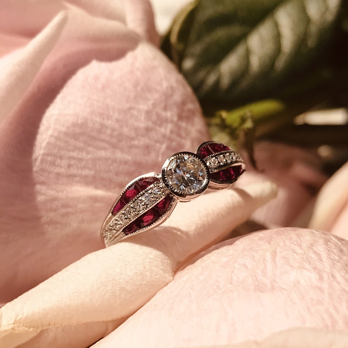 diamond & red ruby art deco inspired style solitaire engagement white gold ring