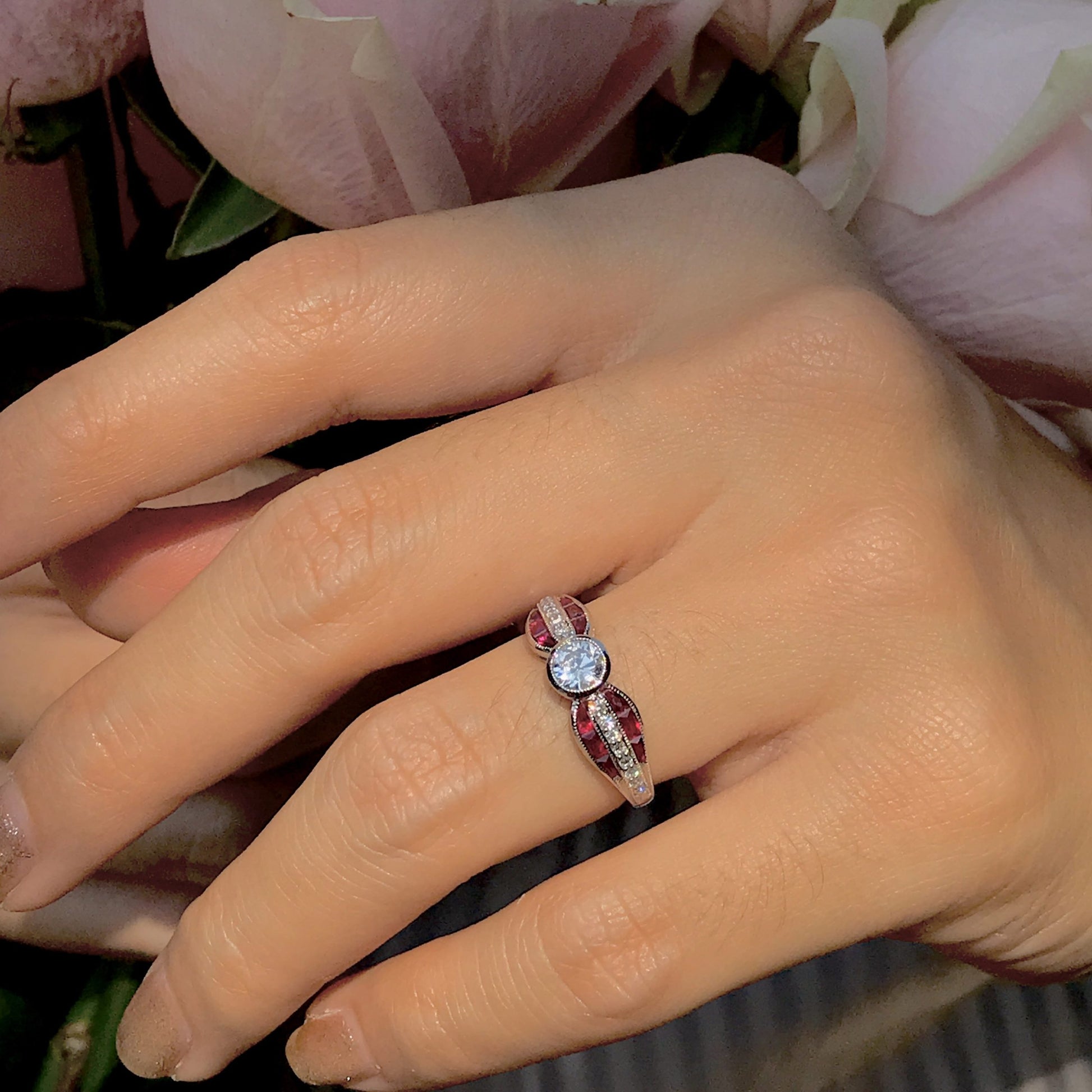 Diamond & Red Ruby Art Deco Inspired Style Solitaire Engagement White Gold Ring