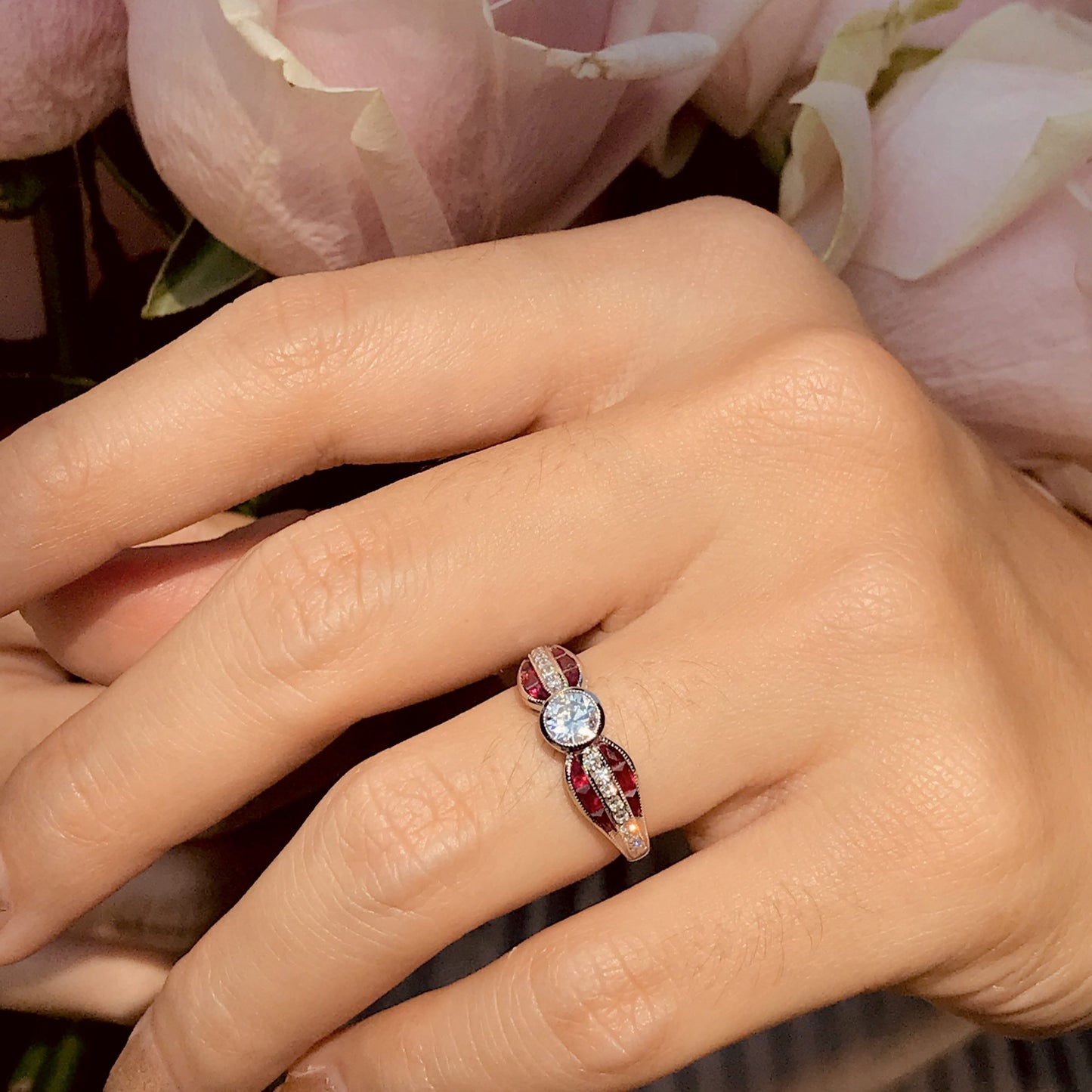 diamond & red ruby art deco inspired style solitaire engagement white gold ring