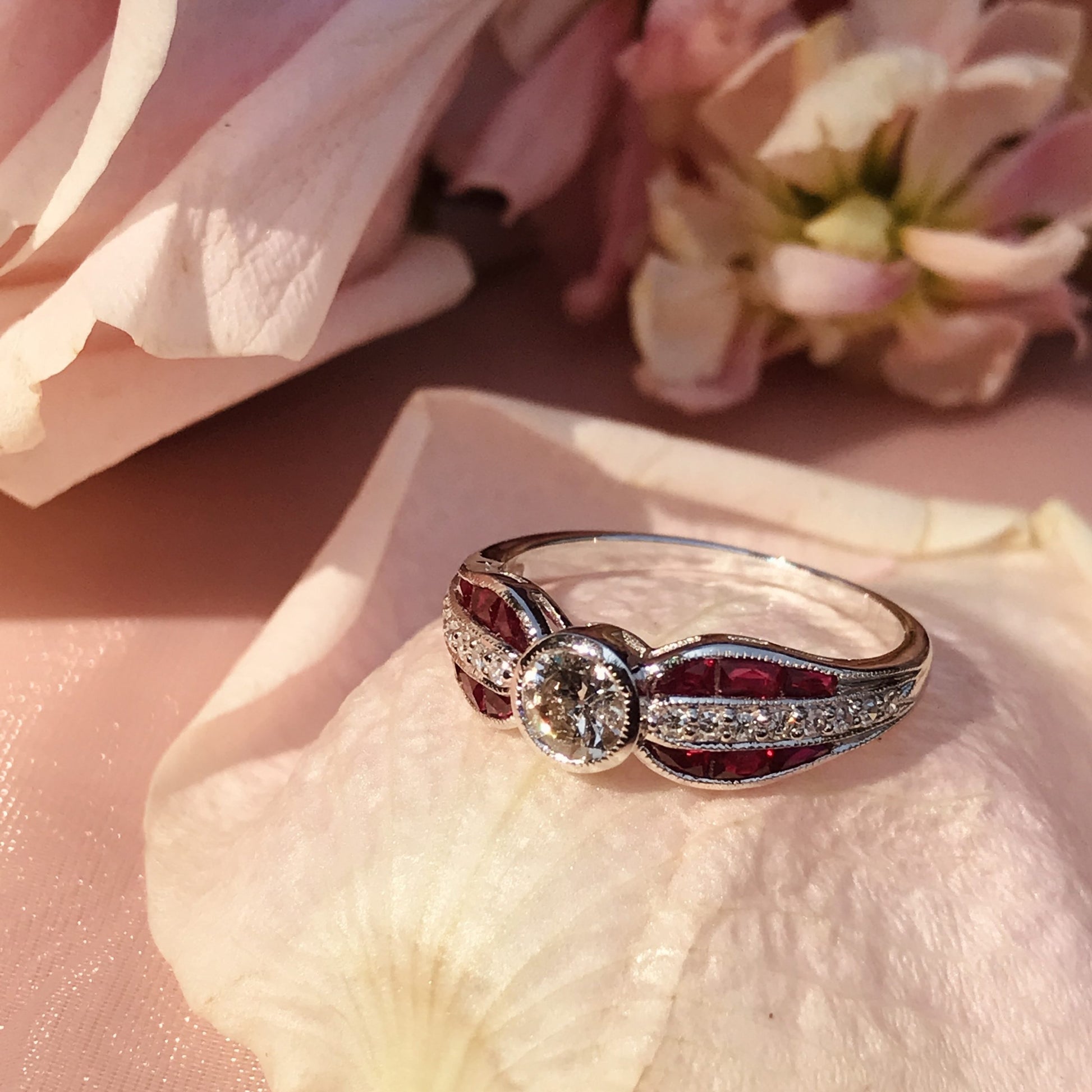 Diamond & Red Ruby Art Deco Inspired Style Solitaire Engagement White Gold Ring