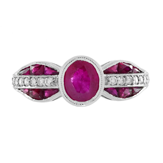 Ruby & Diamond Art Deco Style 14K White Gold Statement Ring