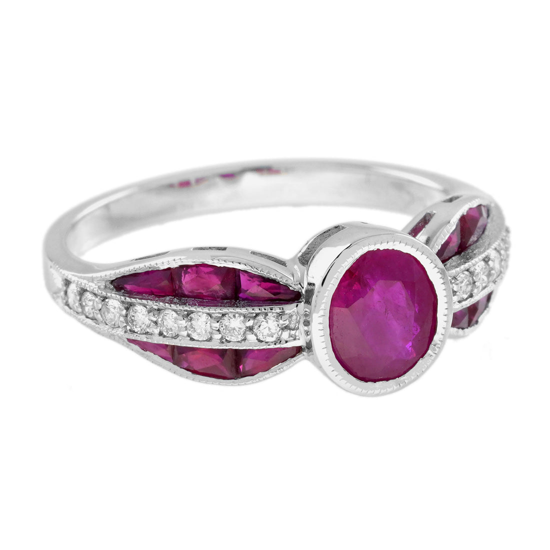 Ruby &amp; Diamond Art Deco Style 14K White Gold Statement Ring