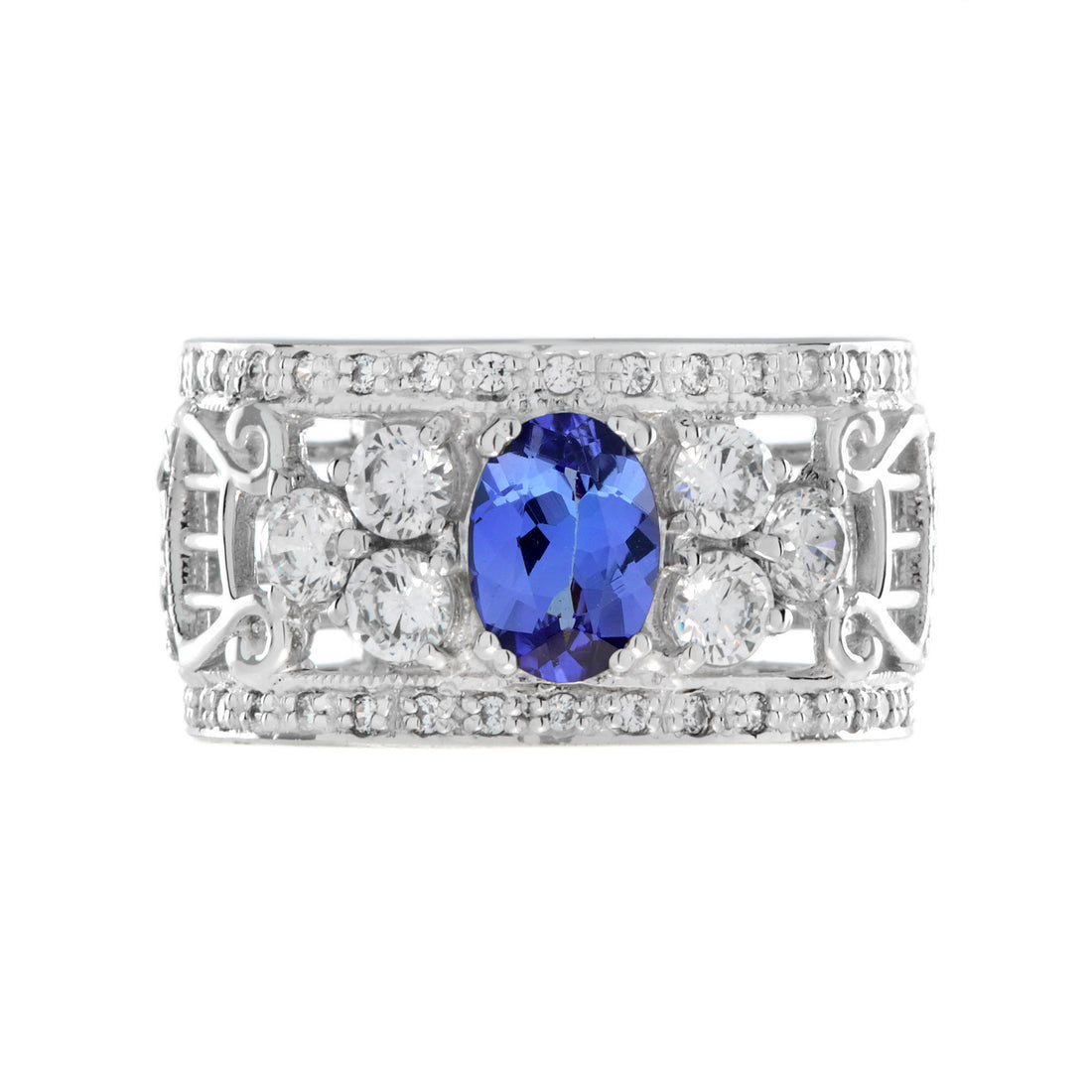 Oval Blue Tanzanite & Diamond Vintage Style Edwardian Wide Band Ring