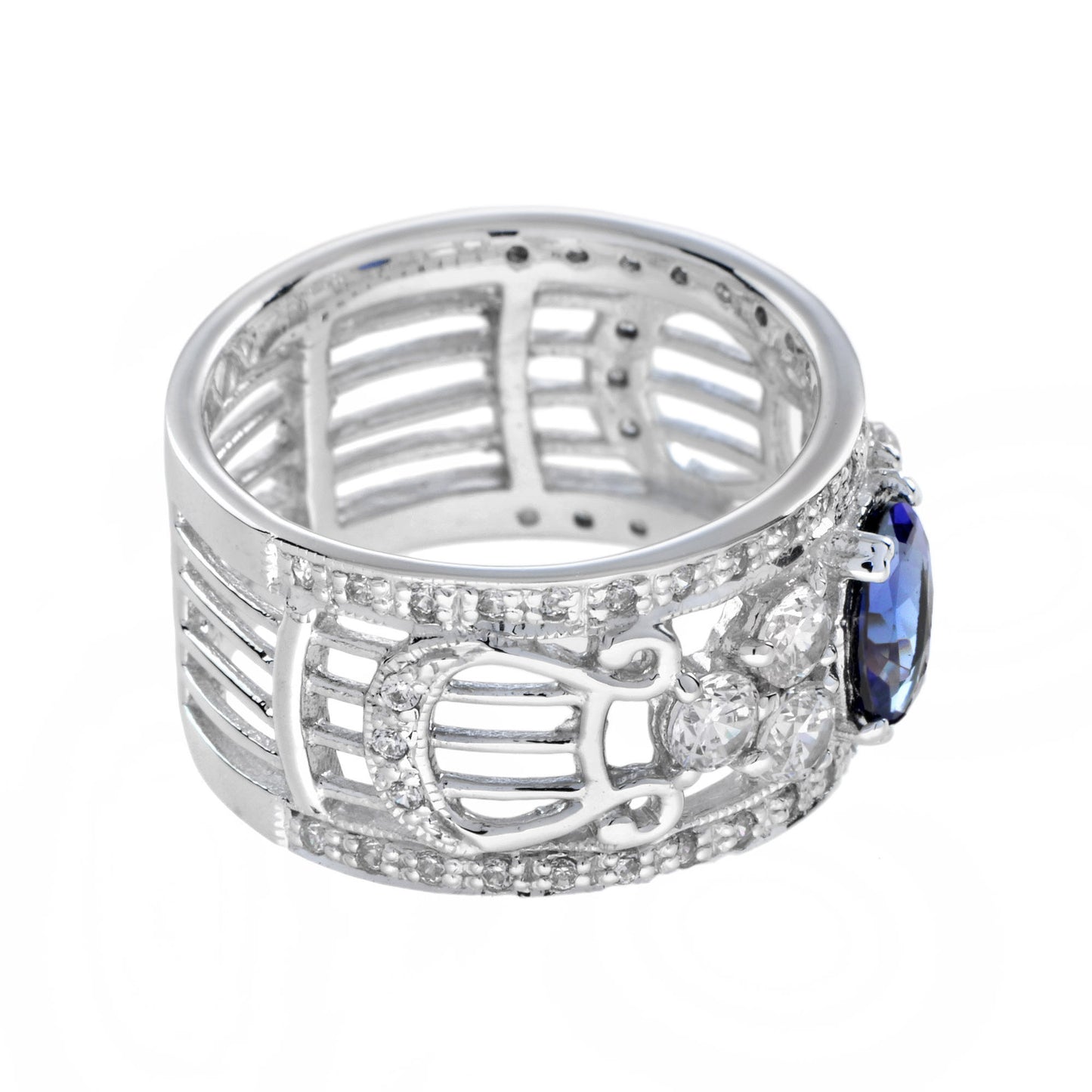 oval blue tanzanite & diamond vintage style edwardian wide band ring