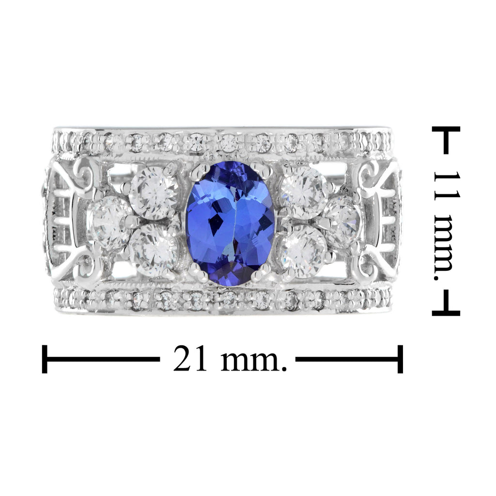 Oval Blue Tanzanite & Diamond Vintage Style Edwardian Wide Band Ring