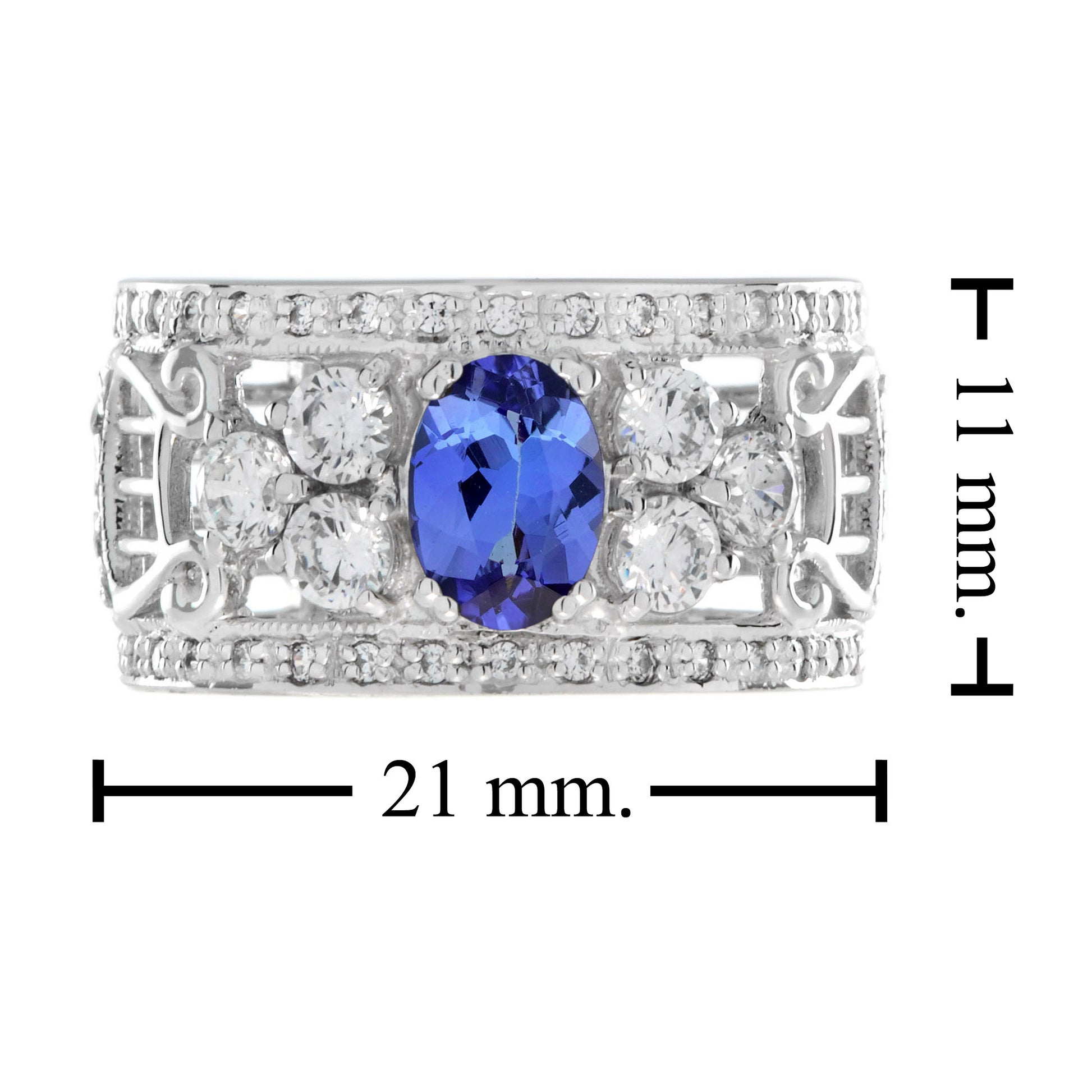 Oval Blue Tanzanite & Diamond Vintage Style Edwardian Wide Band Ring