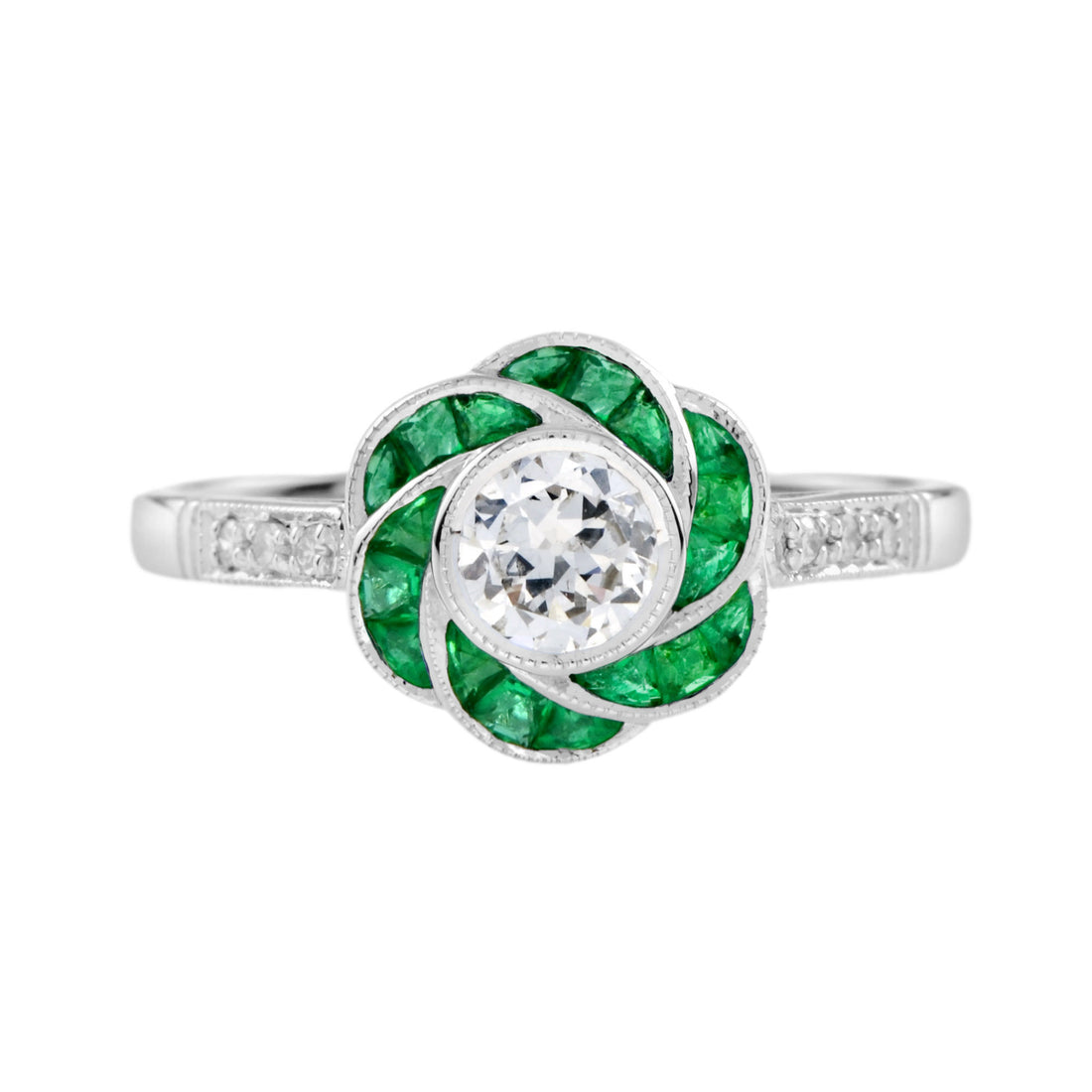 Diamond & Green Emerald Art Deco Style Rose Floral Flower 14K White Gold Ring