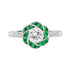 Diamond & Green Emerald Art Deco Style Rose Floral Flower 14K White Gold Ring