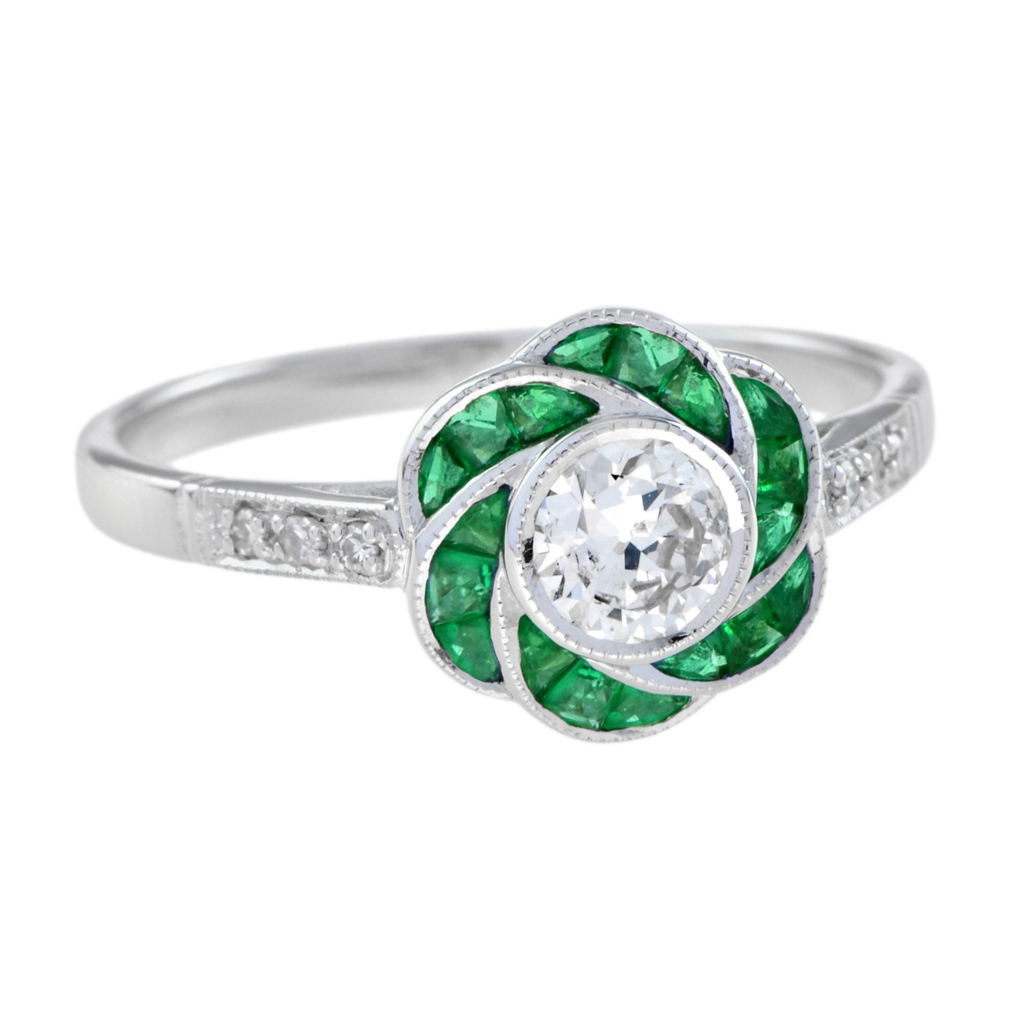 Diamond &amp; Green Emerald Art Deco Style Rose Floral Flower 14K White Gold Ring