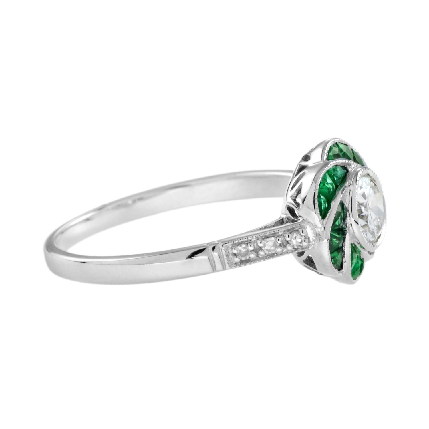Diamond &amp; Green Emerald Art Deco Style Rose Floral Flower 14K White Gold Ring