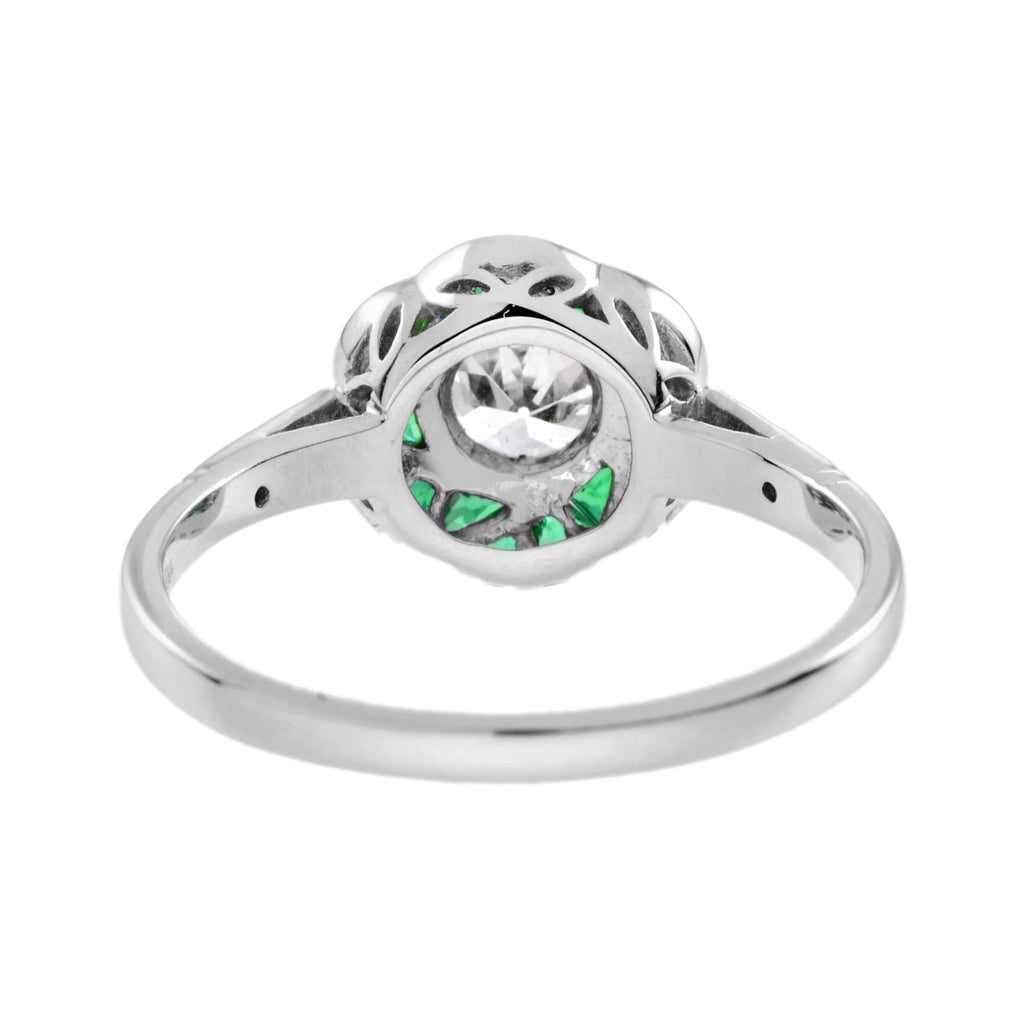 Diamond & Green Emerald Art Deco Style Rose Floral Flower 14K White Gold Ring