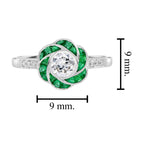 Diamond & Green Emerald Art Deco Style Rose Floral Flower 14K White Gold Ring