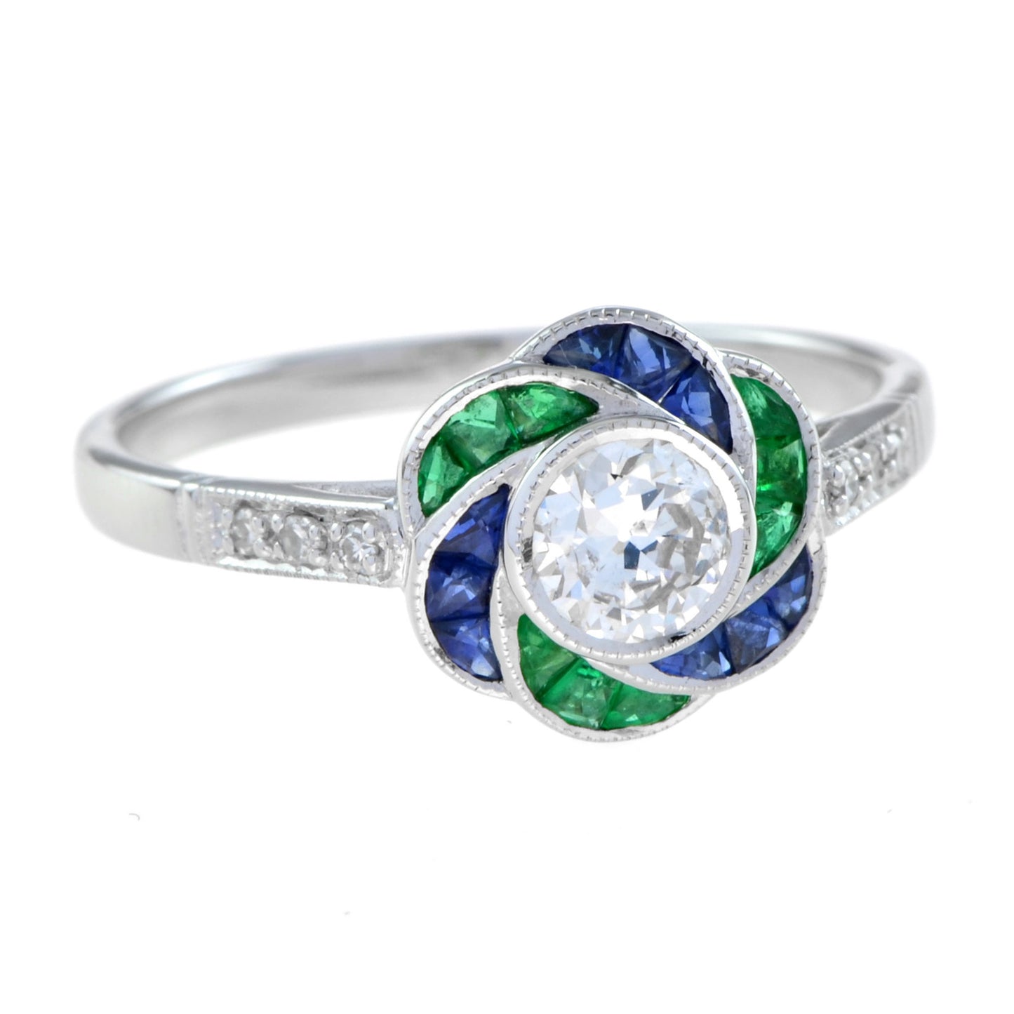 diamond & emerald sapphire fancy cut halo art deco style rose flower ring