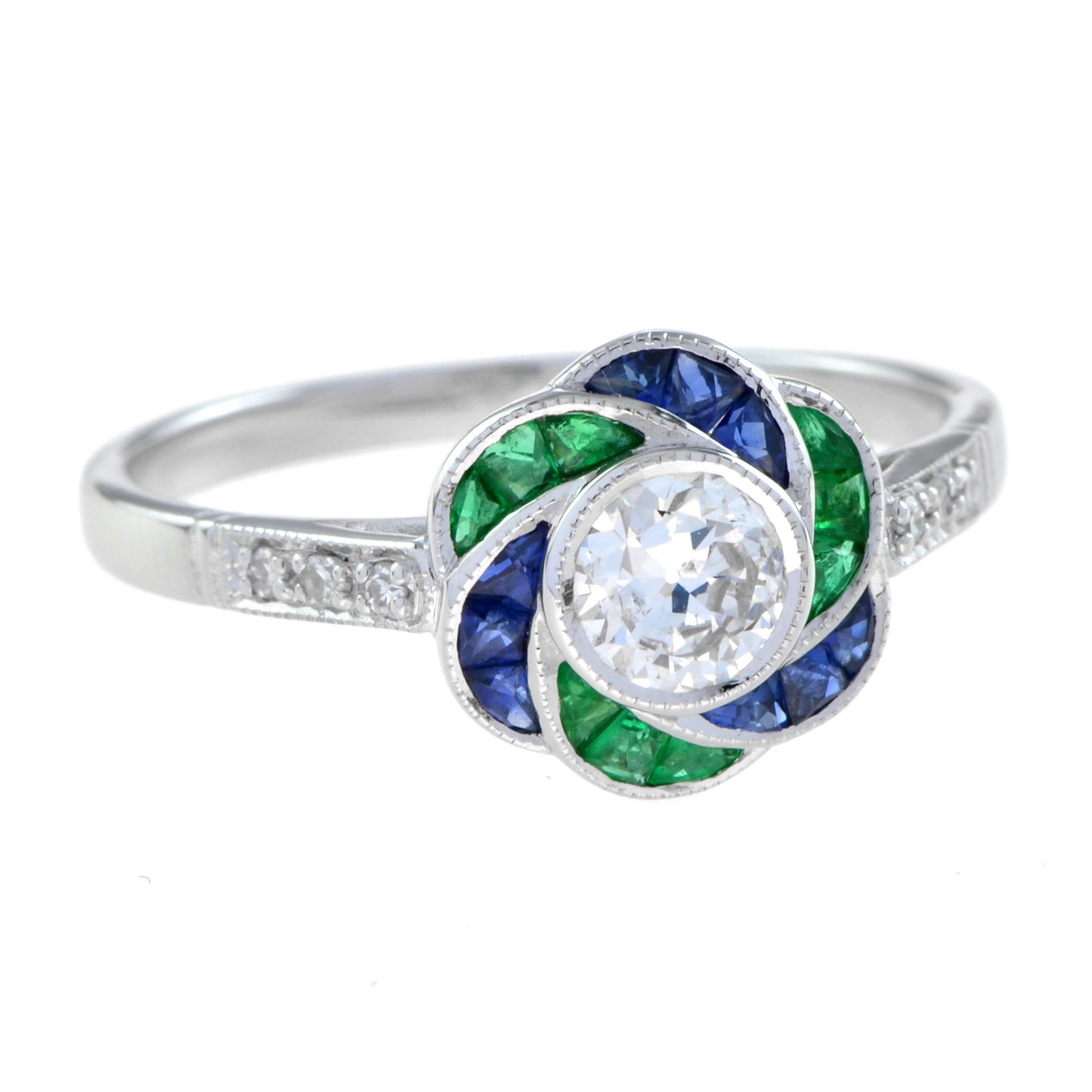 Diamond &amp; Emerald Sapphire Fancy Cut Halo Art Deco Style Rose Flower Ring