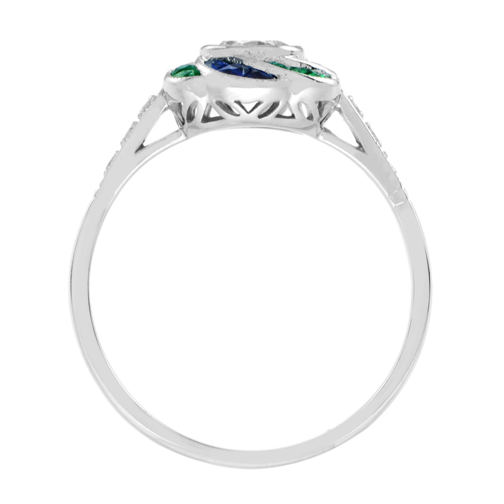 Diamond & Emerald Sapphire Fancy Cut Halo Art Deco Style Rose Flower Ring