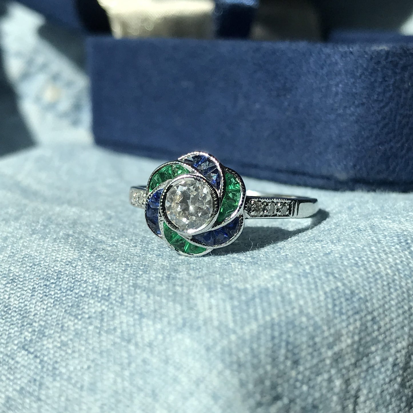 diamond & emerald sapphire fancy cut halo art deco style rose flower ring