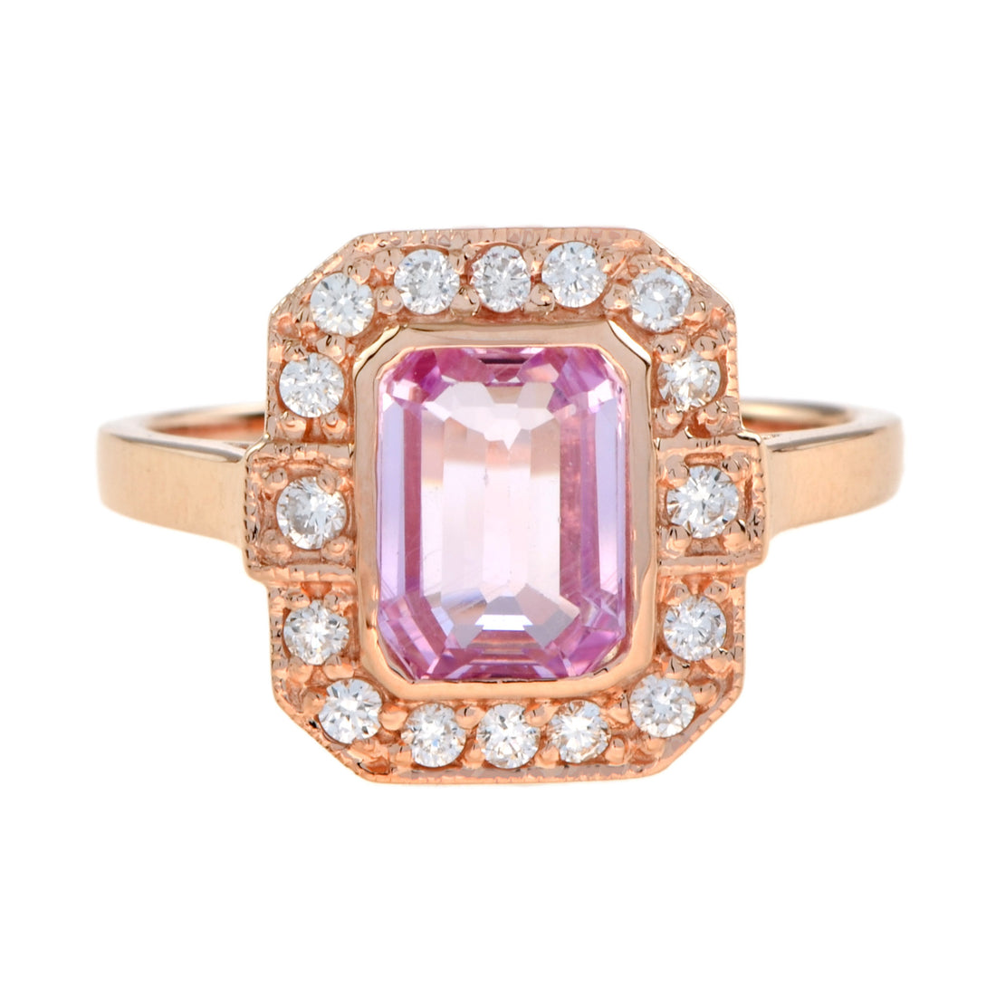 Emerald Cut Pink Sapphire & Diamond Halo Set Engagement 14K Rose Gold Ring