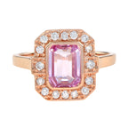 Emerald Cut Pink Sapphire & Diamond Halo Set Engagement 14K Rose Gold Ring