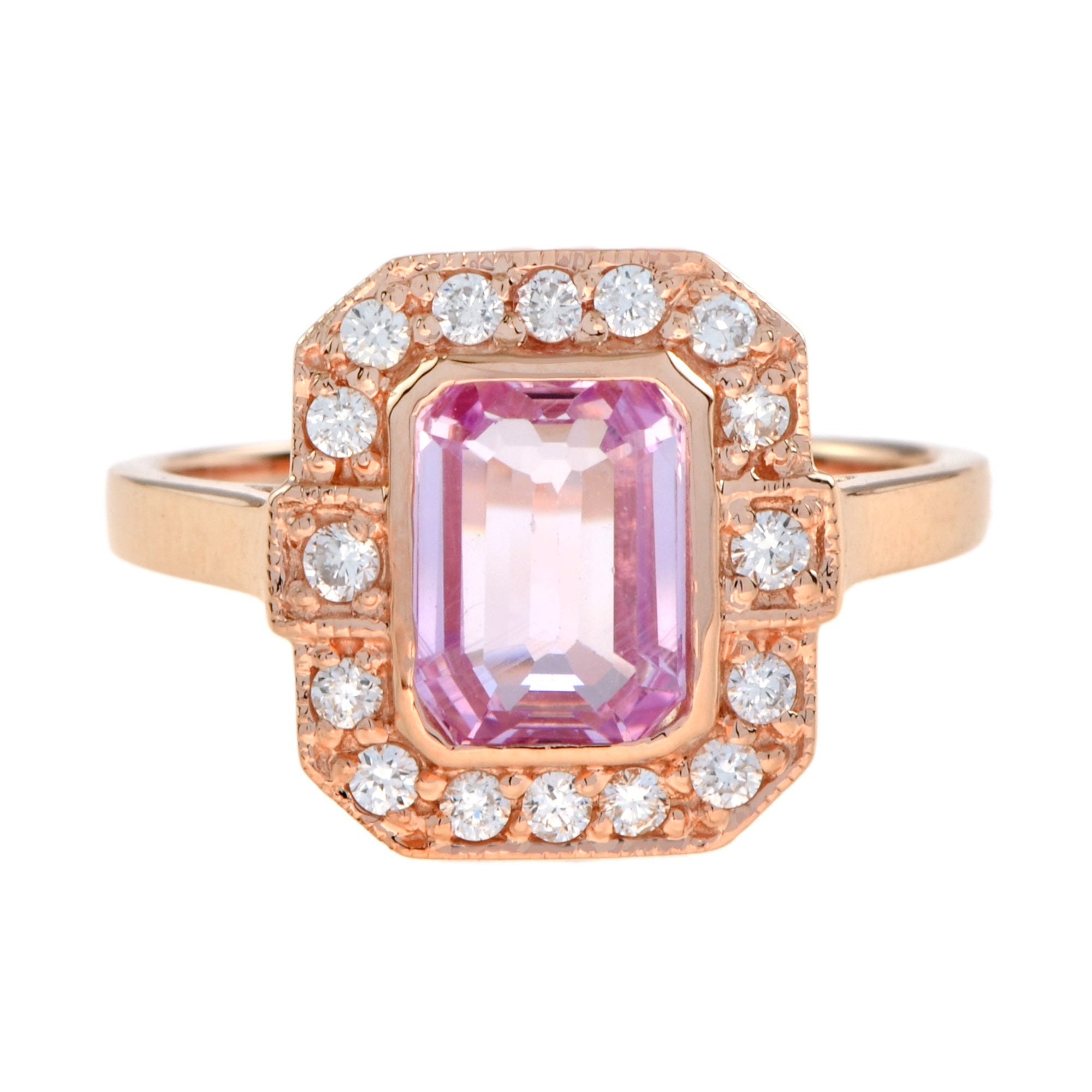 Emerald Cut Pink Sapphire &amp; Diamond Halo Set Engagement 14K Rose Gold Ring