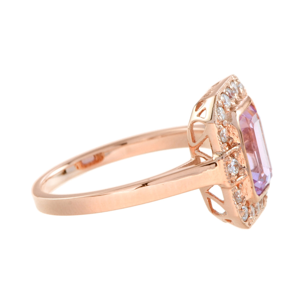 Emerald Cut Pink Sapphire & Diamond Halo Set Engagement 14K Rose Gold Ring